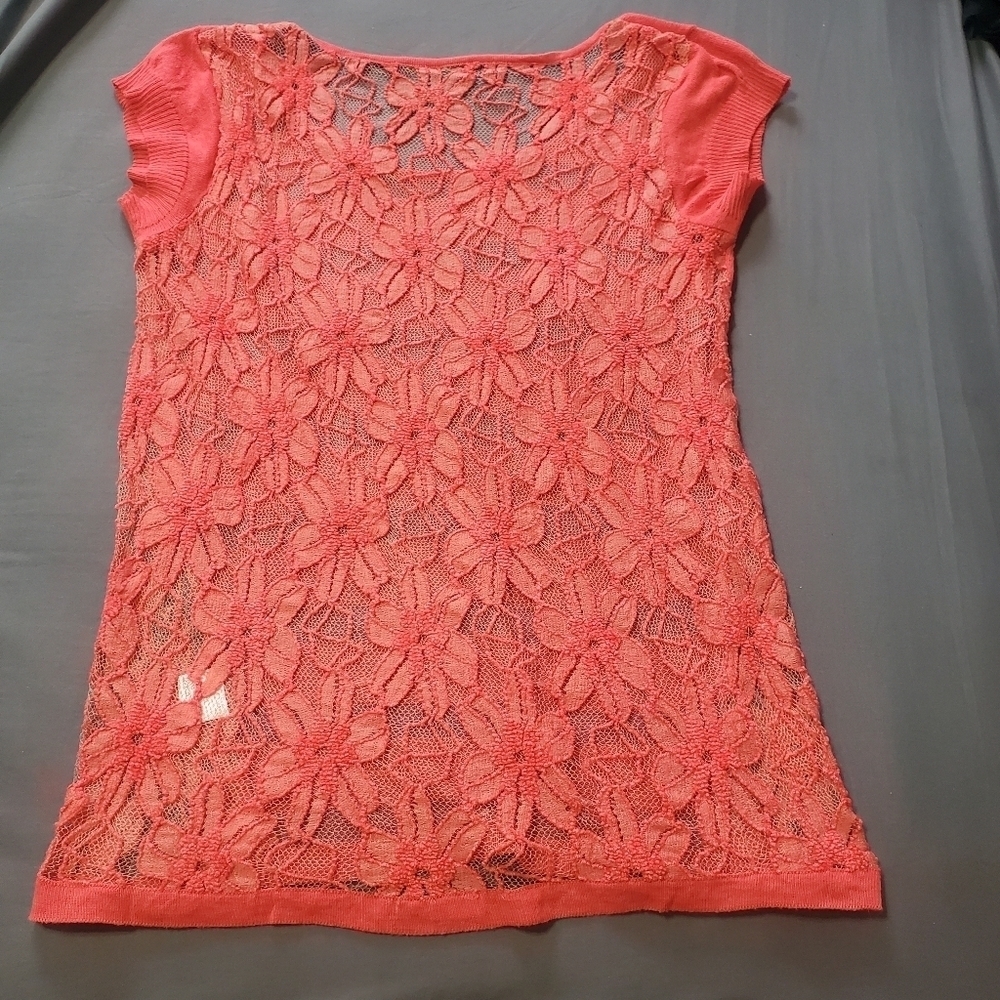 Women's orange  coral color top sheer short cap‎  lace sleeve.